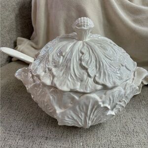White Ceramic Cabbage Whittier Pottery Tureen with Lid and Ladle